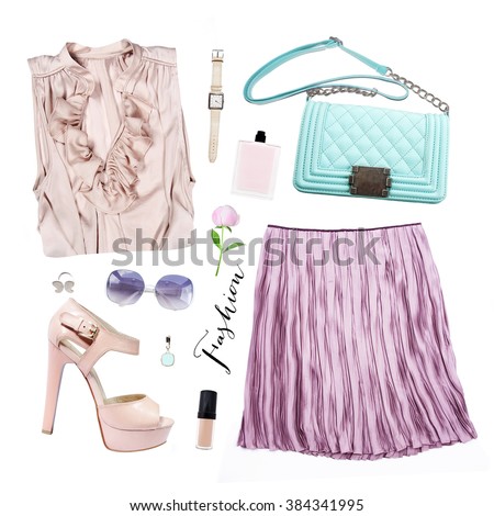 collection collage of women's clothing isolated white background