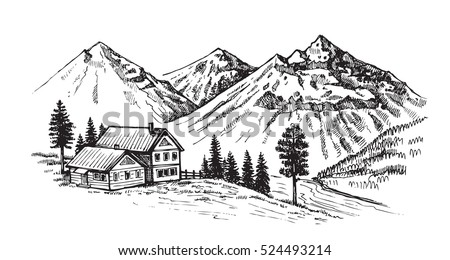 Wood Cabins Mountain Landscape Vector Illustration Stock Vector ...