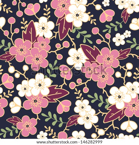 Night garden sakura blossoms seamless pattern background