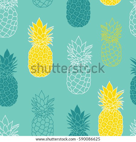 Fresh Blue Green Yellow Pineapples Vector Repeat Seamless Pattrern. Great for fabric, packaging, wallpaper, invitations.