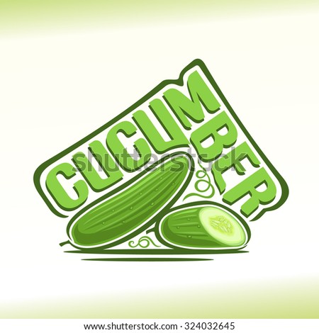 Vector illustration on the theme of the logo for cucumber still life composition, consisting of ripe green cut half cucumber and fresh juicy slice of vegetable