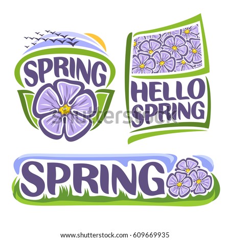Vector logo of Spring Flowers: icon of lilac hibiscus, flock of birds on sunrise, flag with lavender floral background of sharon flower, title text: hello spring, design banner of meadow with grass.