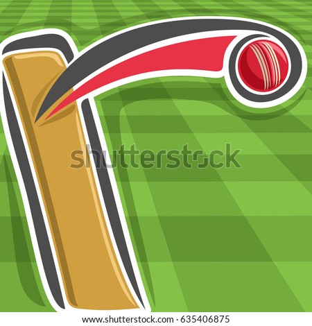 Vector poster for Cricket sport: bat hitting red Ball on green checkered grass pattern, ball flying on curve trajectory above playing pitch field, graphic background for title text on cricket theme.