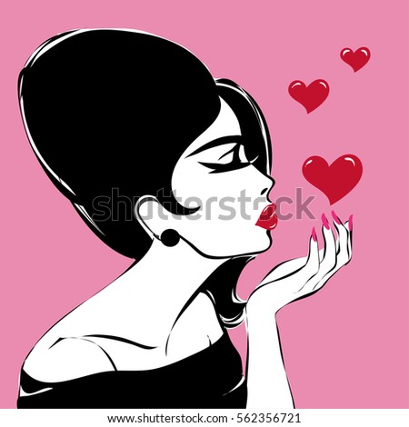Retro black and white fashion woman portrait sending air kiss with hearts, Valentines day vector illustration background