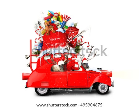 Santa Claus with reindeer in a car with gifts