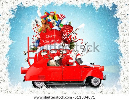 Santa Claus with reindeer in a car with gifts