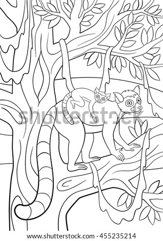  Coloring  Pages  Mother Lemur Stands On Stock Vector 