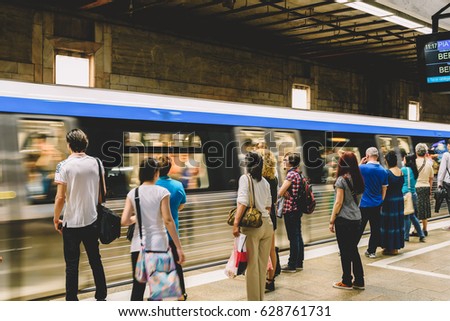 BUCHAREST, ROMANIA - MAY 06, 2015: People Travel By Subway Train In Downtown Bucharest City.