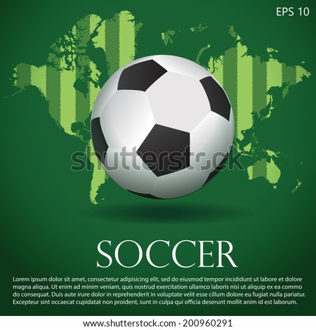 Black and white soccer ball or football on background of green field pattern world map Black and white soccer ball or football on background of green field pattern world map