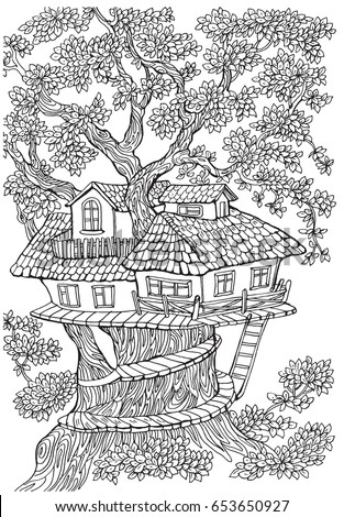Coloring Pages Kids Adults Tree House Stock Vector 653650927 - Shutterstock