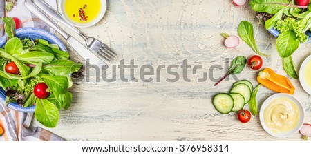 Various Green Organic Salad Ingredients On Stock Photo 