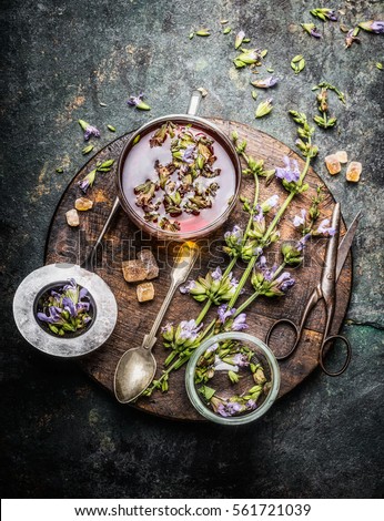 Healthy herbal tea preparation with fresh healing herbs, cup and vintage tea strainer on dark rustic wooden background, top view
