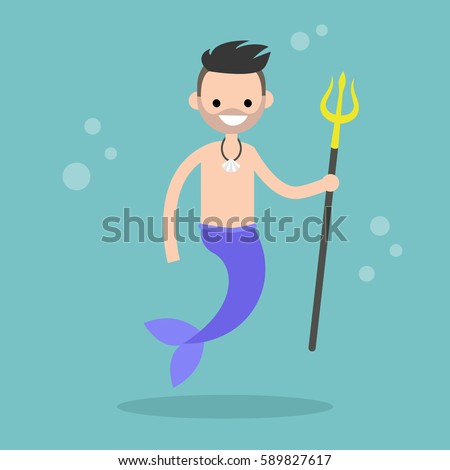 Fairytale Merman Holding Trident Flat Editable Stock 