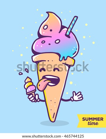 Vector colorful illustration of gradient character ice cream with hands eating small ice cream on blue background with dots. Funny ice cream. Flat style hand drawn line art ice cream design of poster