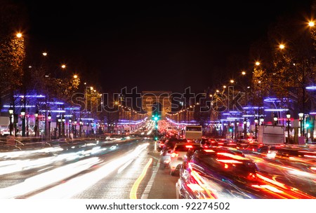 December illumination and traffic lights on the Avenue des Champs-?lys?es in Paris,Europe.