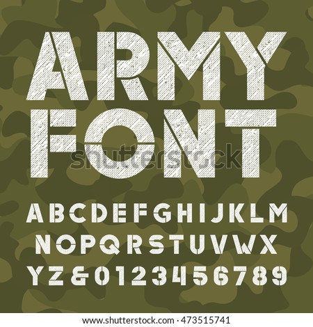 Army alphabet font. Scratched bold type letters and numbers on camo background. Vector typography for your design.