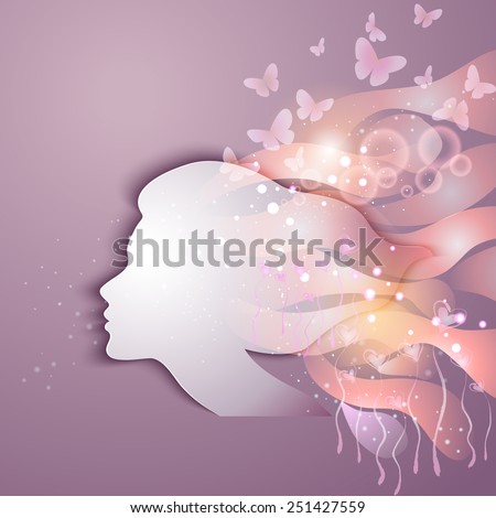 Women's Day Greeting Card. Beautiful young woman with flowers