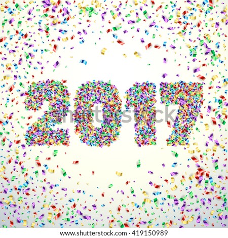 New Year 2017 confetti celebration background. Happy New Year 2017 colorful digital type on white background with confetti. Greeting card New year 2017. Vector illustration. Digit 2017 confetti