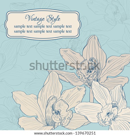 vintage card with flowers of orchids, floral template, vector illustration