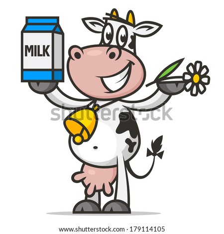 Cheerful cow holds flower and packaging milk
