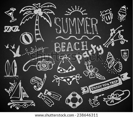 Drawing Chalk Set of chalk hand drawing summer on blackboard. vector