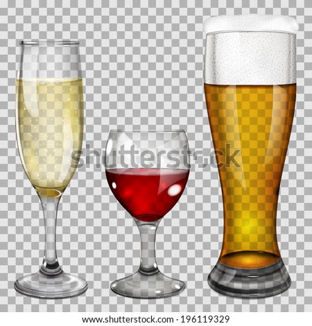 Three transparent glass goblets with wine, champagne and beer. On checkered background.