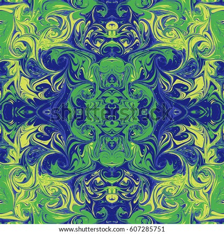 vector colorful blue green yellow mirrored hand drawn ebru paper marbling liquid paint artwork decoration texture background seamless pattern