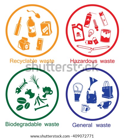 stock vector colorful waste types icon set recyclable hazardous biodegradable and general waste symbol for 409072771