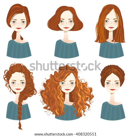 Set of six cute redhead girl characters with different hair styles on white background. Cute girls avatars. Vector illustration.