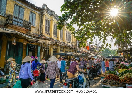 Hoi An, Vietnam - May 20, 2016: Outdoor markets in the streets of Hoi An, Vietnam