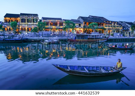 Hoi An, Vietnam - May 21, 2016: Hoi An Ancient Town during blue hour. Hoi An is recognized as a UNESCO Heritage Site.