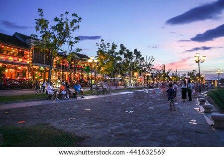 Hoi An, Vietnam - May 21, 2016: Hoi An Ancient Town during blue hour. Hoi An is recognized as a UNESCO Heritage Site.