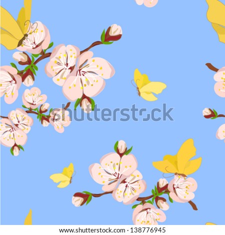 Flowering branch of apricot with butterflies on a blue background. Vector illustration.
