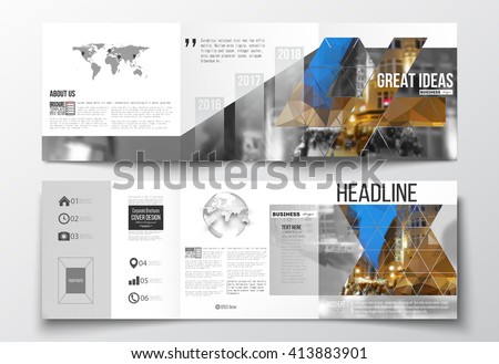 Vector set of tri-fold brochures, square design templates with element of world map and globe. Colorful polygonal background, blurred image, night city landscape, modern triangular vector texture.