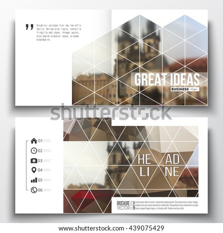 Set of annual report business templates for brochure, magazine, flyer or booklet. Polygonal background, blurred image, urban landscape, cityscape of Prague, modern triangular texture