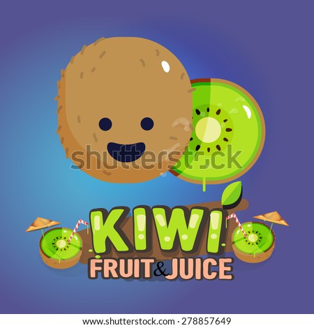 Kiwi fruit cute character with typographic design. cartoon sttyle. fruit and vegetable concept - vector illustration