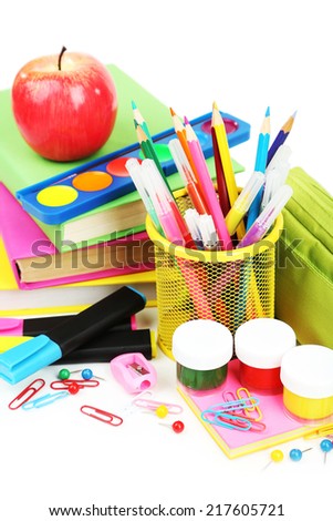 School Equipment Color Pencils Ball Pensbookslettersapple Stock Photo ...