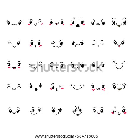 Collection Cute Lovely Emoticon Emoji Doodle Stock Vector Set Kawaii