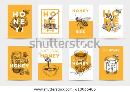 Vector hand drawn honey poster set. Sketch vintage style Illustrations. Cards design template. Retro background.