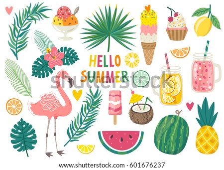 Set Cute Summer Icons Food Drinks Stock Vector 601676237 