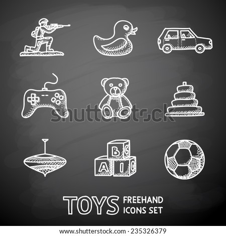 Toys hand drawn on a chalk board icons set with - car, duck, bear, pyramid, ball, game controller, blocks, whirligig, soldier. Vector