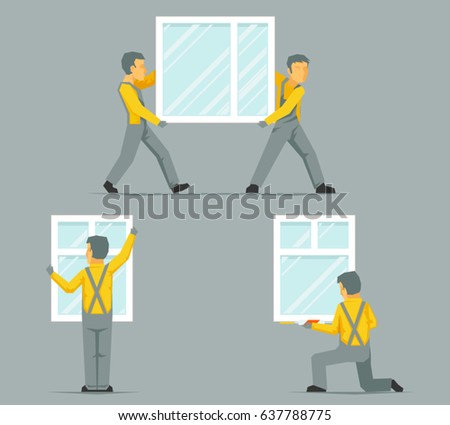 Workers install carry house windows building glass icons set flat design template vector illustration