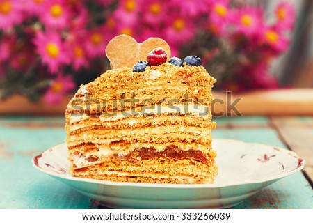 Slice Of Layered Honey Cake On Rustic Wooden Background Homemade Baking Slice Of Layered Honey Cake On Rustic Wooden Background Homemade Baking