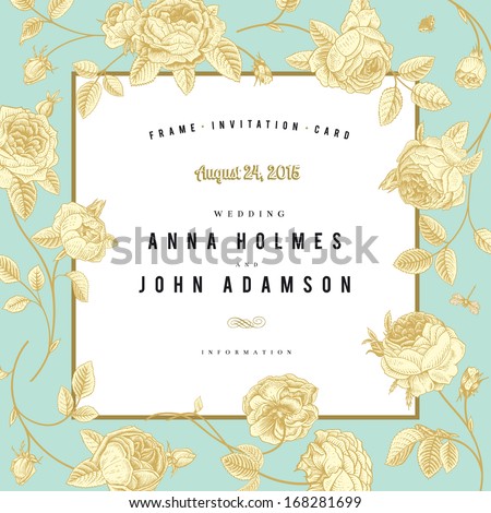 Vector vintage wedding card. Frame sketch garden roses with a gold outline on mint background.