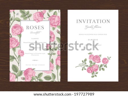 Floral vector vertical vintage invitation. Set. Pink Garden Roses.