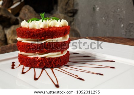 Red Velvet Cake On White Square Plate Rustic Wooden Table Red Velvet Cake On White Square Plate Rustic Wooden Table
