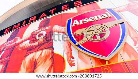 LONDON, ENGLAND - APRIL 22ND: Front facia of The Emirates Stadium, Arsenal Football Club. Hornsey Rd, London, N7 7AJ. England. 22ND April 2010.