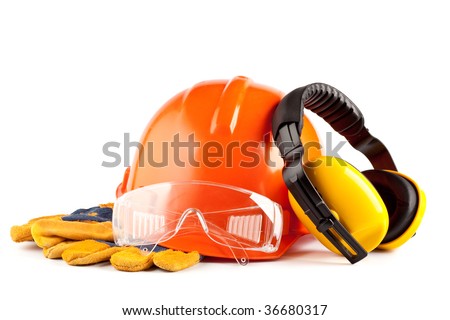 Orange hard hat, earphones, goggles and gloves on a white background