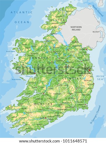 Detailed Ireland Physical Map Stock Vector 1011648571 - Shutterstock