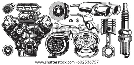 Set Monochrome Car Repair Service Elements Stock Vector 602536757